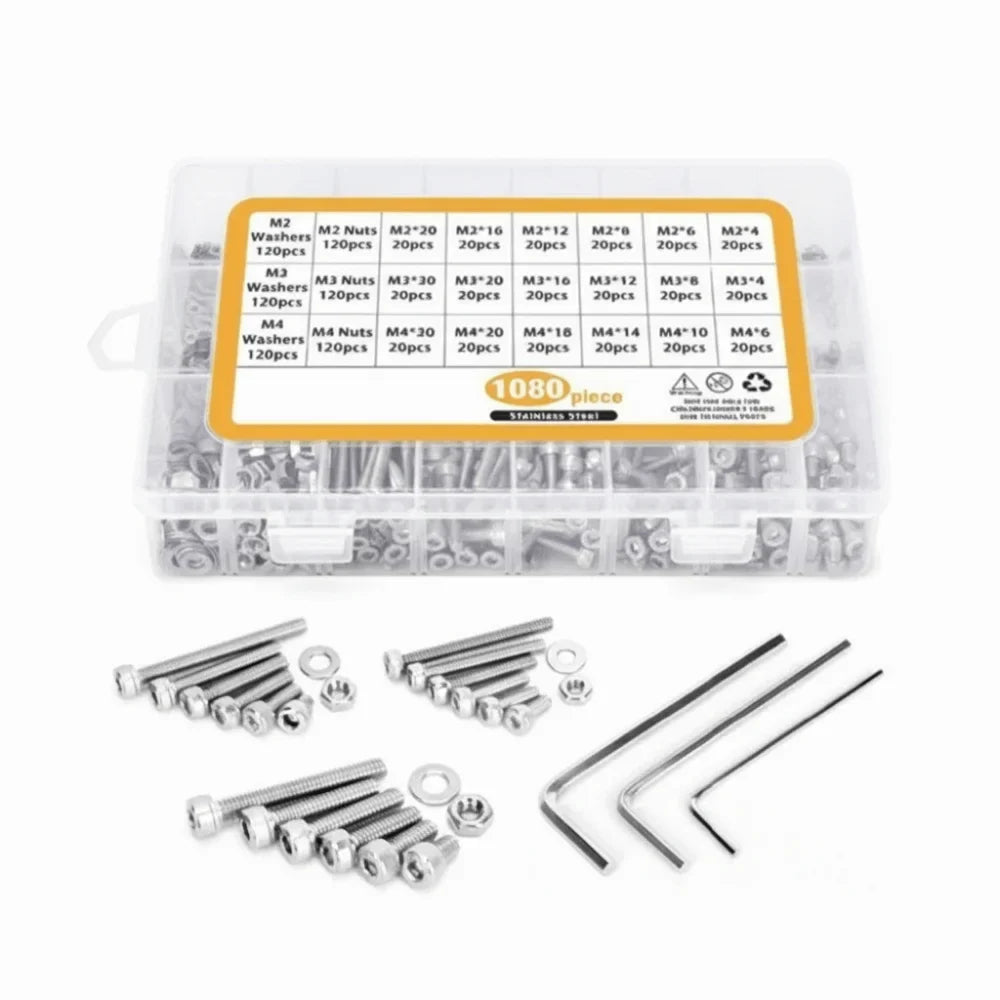 1080-Pc M2 M3 M4 Hex Socket Screws Nuts Washers Kit