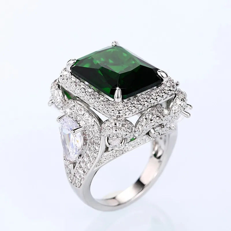 Huitan Green CZ Geometric Ring – Iced Out Silver Statement