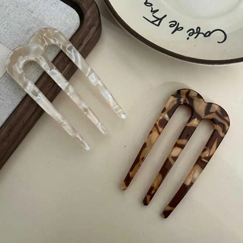 French U-Shaped Hair Fork – 3 Prong Bun Stick for Women