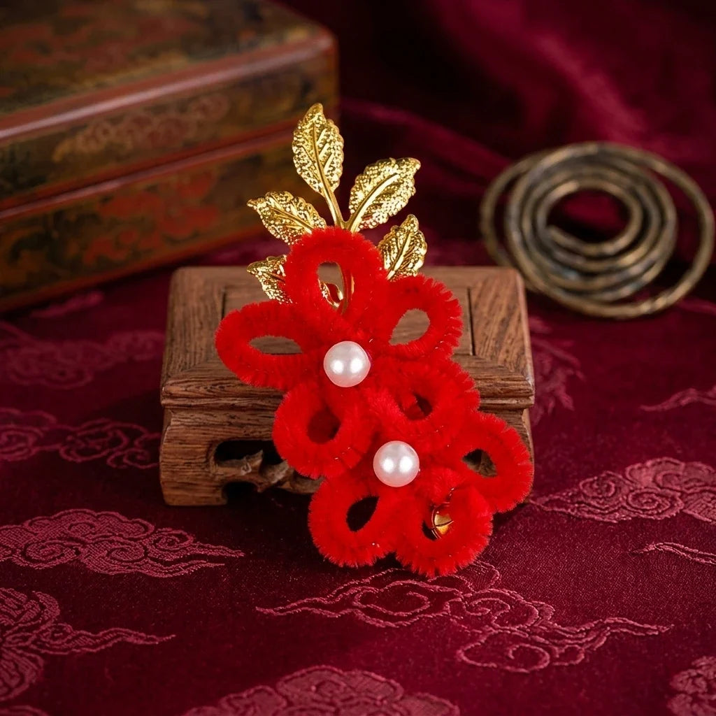 Vintage Red Flower Hair Comb | Chinese Bridal Headdress