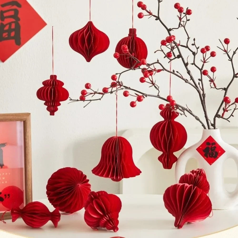 Red Honeycomb Paper Hanging Decoration with Tassel | New Year