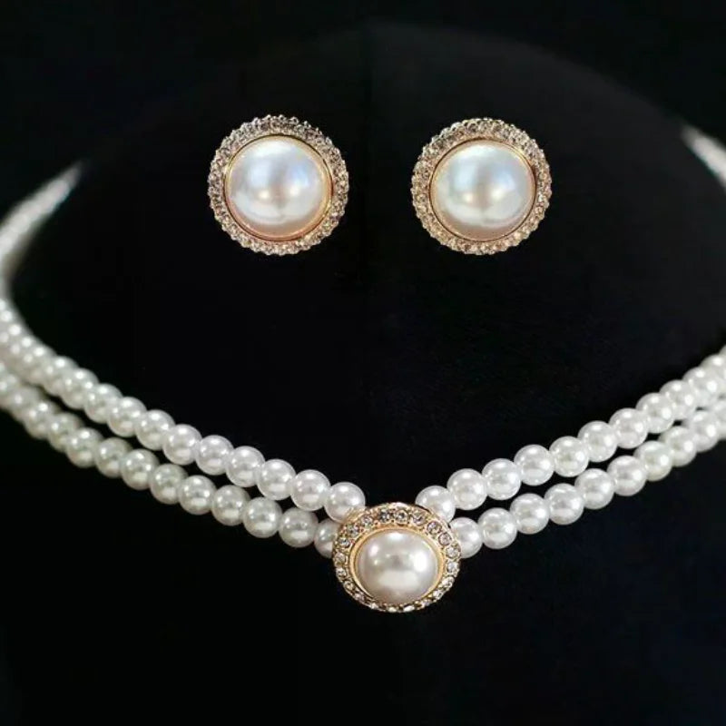 Fashion Double Layer Pearl Pendant Necklace Earrings Jewelry Ladies