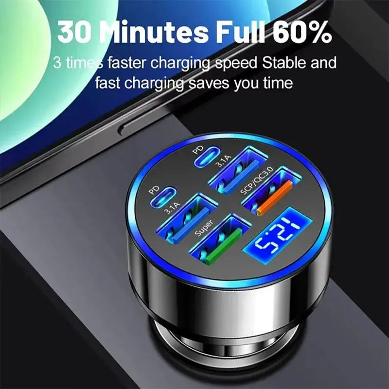 100W 6-Port USB-C Car Charger | PD & QC 3.0 Fast Charging