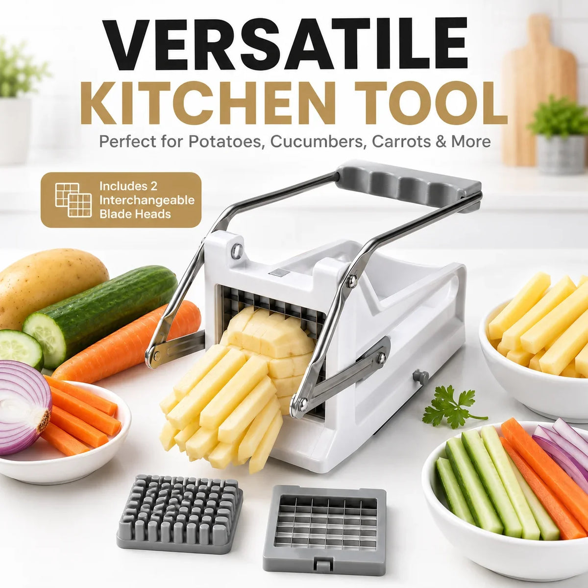French Fry Cutter – Stainless Steel Potato Slicer with 2 Blades