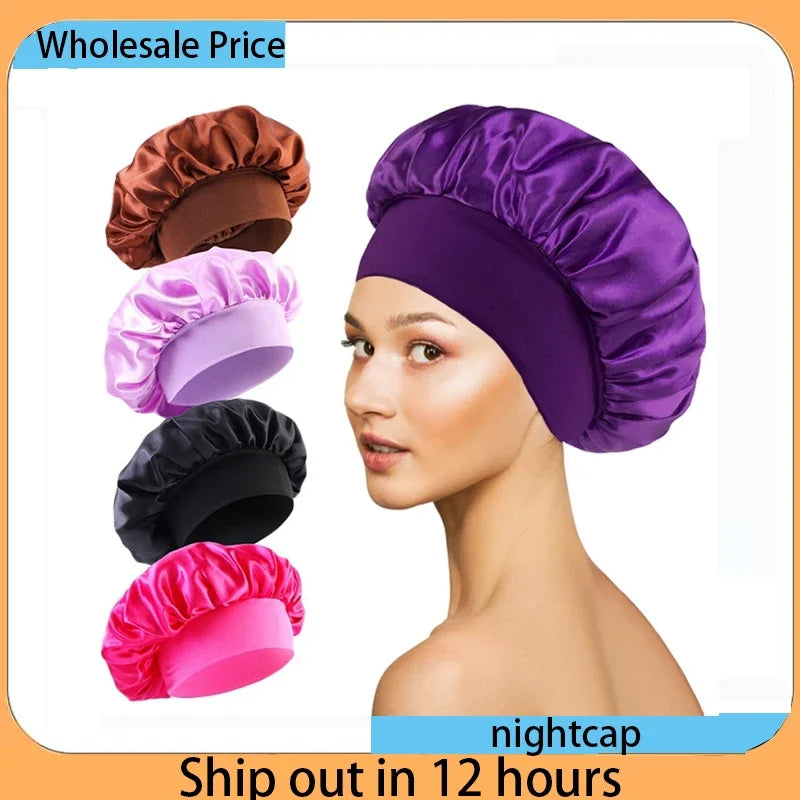 2026 Women Satin Hair Bonnet Breathable Elastic Wide Band Sleeping