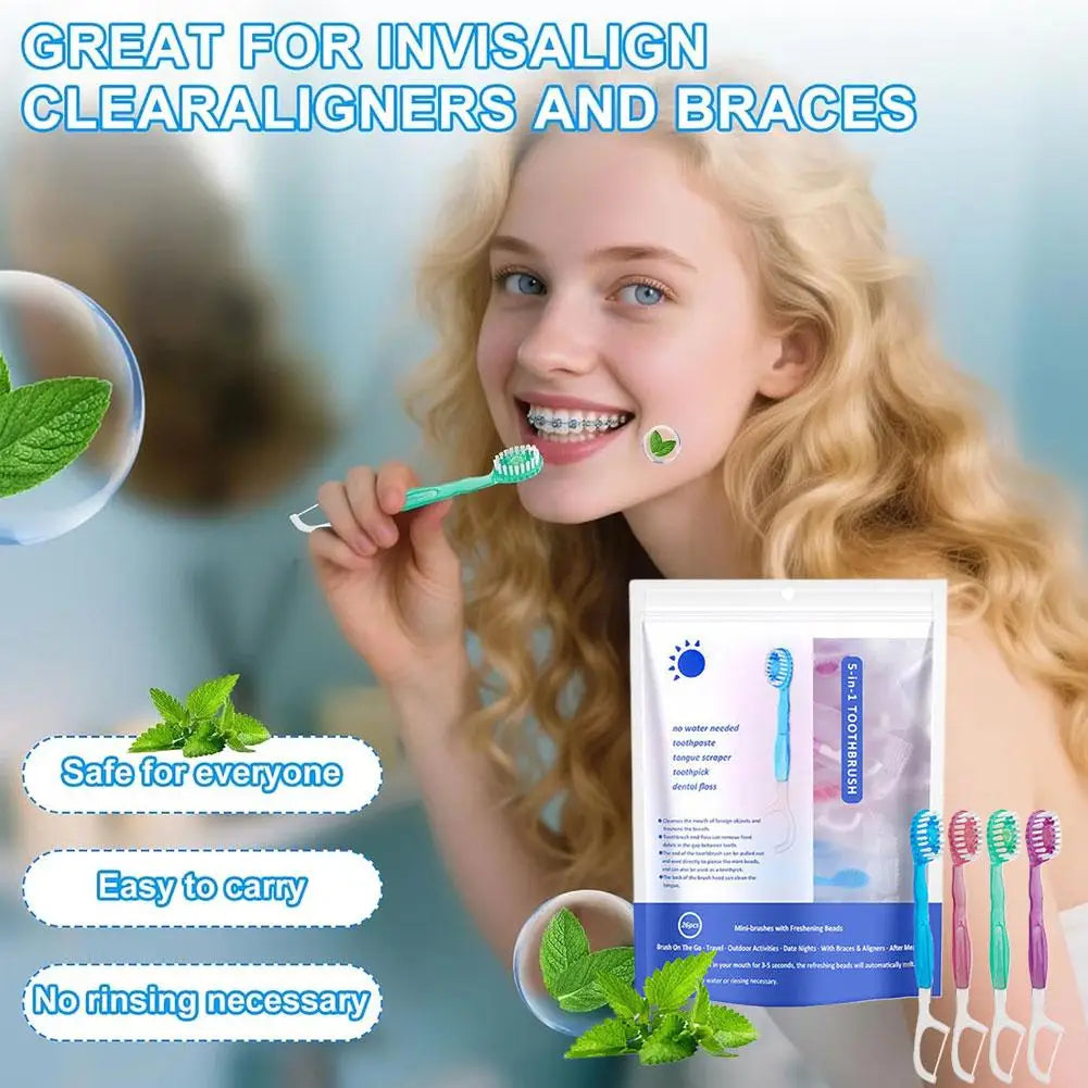 5-in-1 Disposable Travel Toothbrush – Toothpaste, Floss & Pick