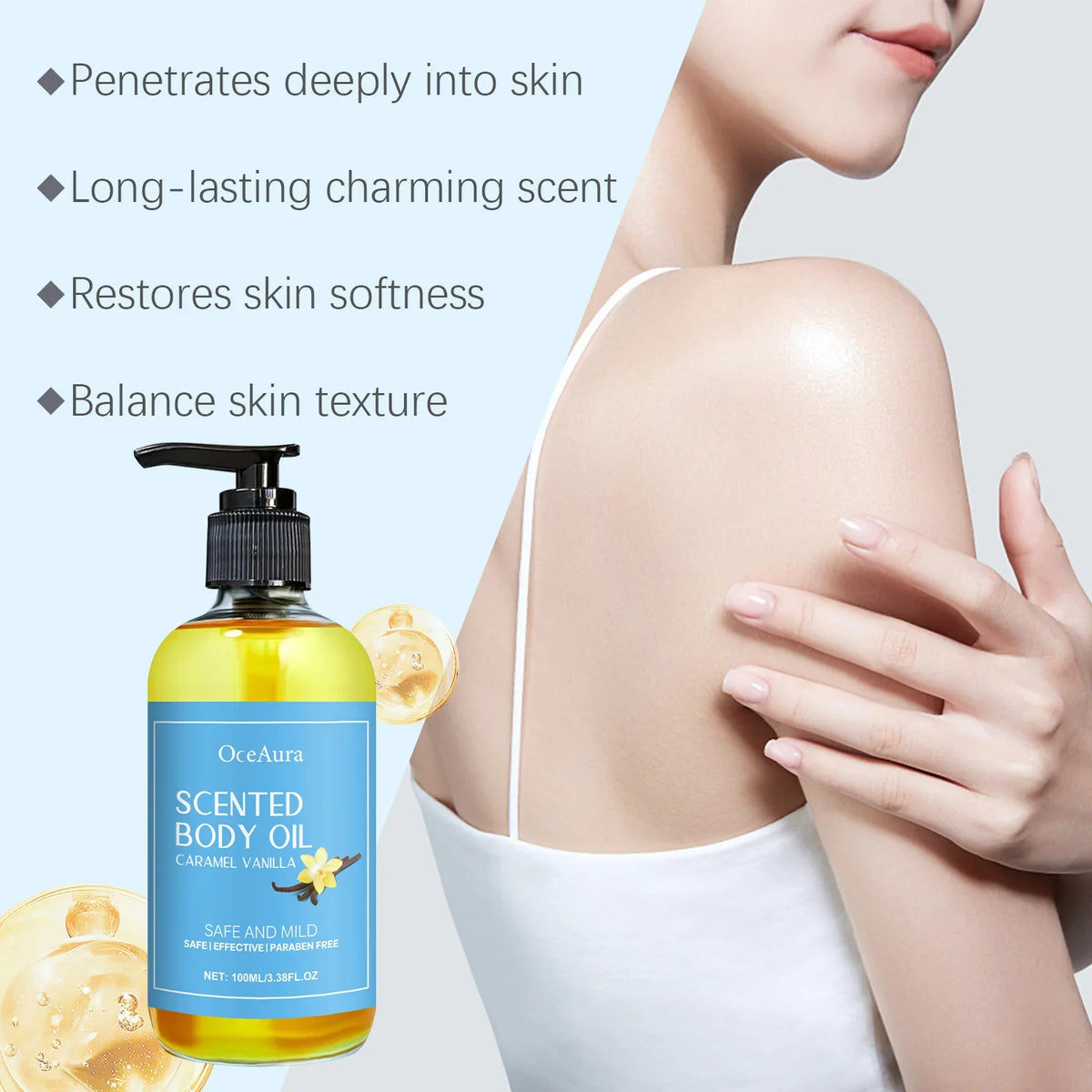 OceAura Vanilla Body Massage Oil – Moisturizing SPA Oil 100ml