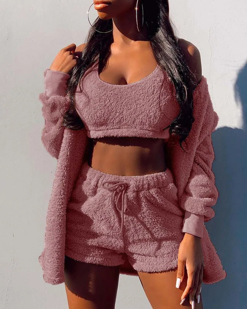 Women's 3-Piece Velvet Fleece Pajamas Set – Crop Top Shorts Coat