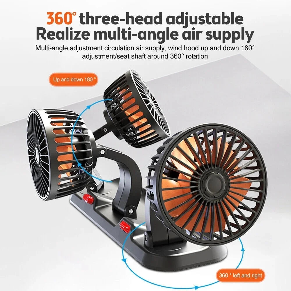 360° Dual Head Car Fan USB/12V/24V – 2 Speed Desk & Auto Fan