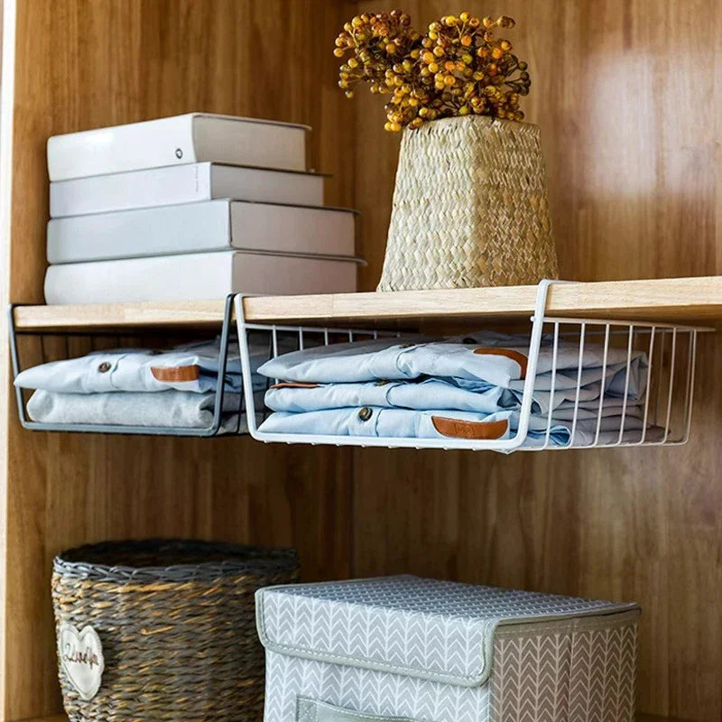 No-Drill Under-Table Hanging Iron Storage Basket & Shelf