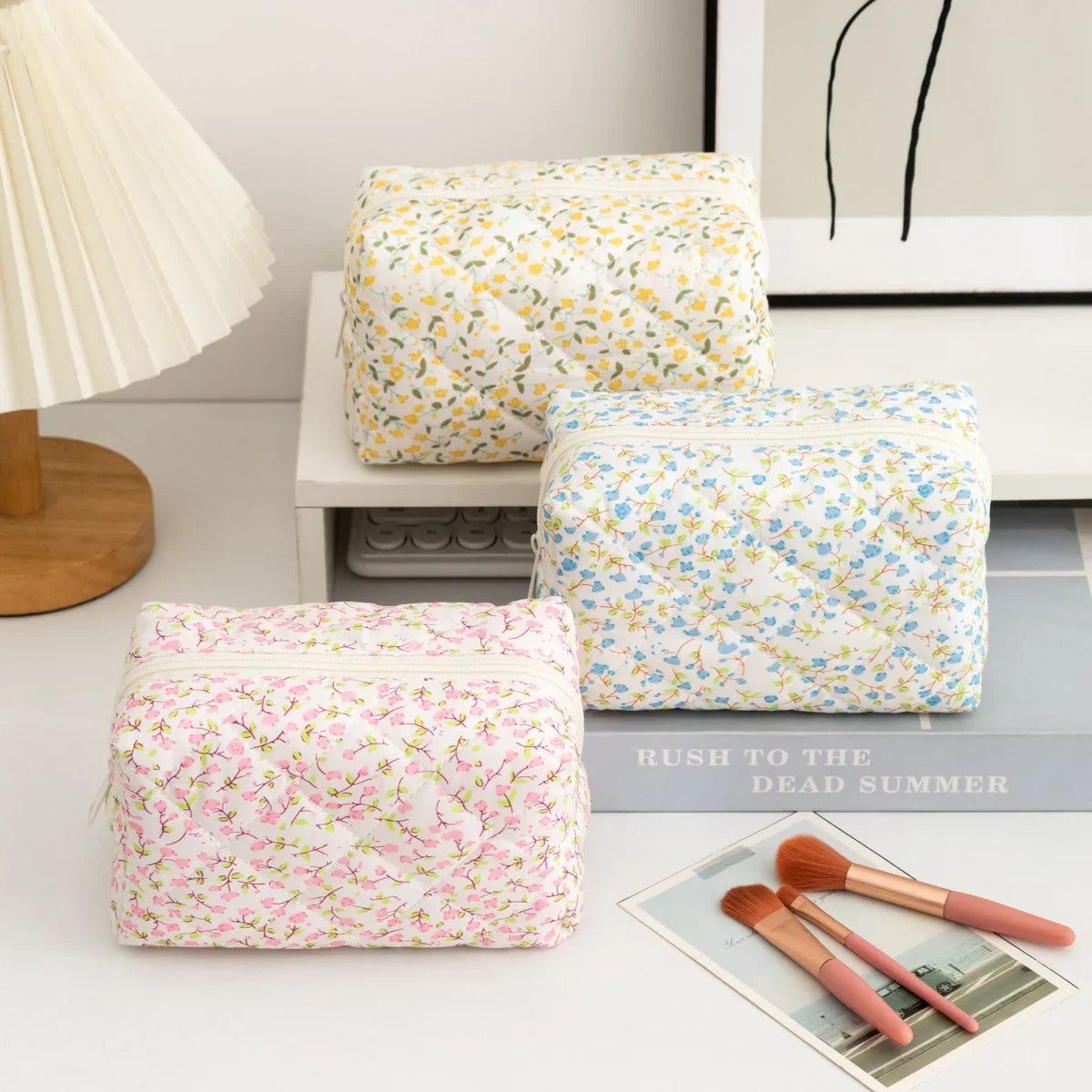 Floral Puffy Quilted Large Makeup Bag Travel Cosmetic Pouch Flower