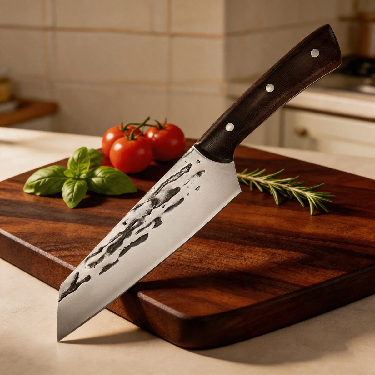 Japanese Hammered Stainless Steel Chef Knife – Wood Handle