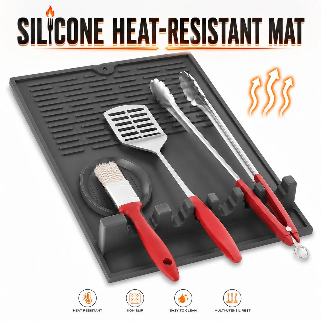 Large Silicone Utensil Rest & BBQ Drip Mat – 3-in-1 Spoon Holder
