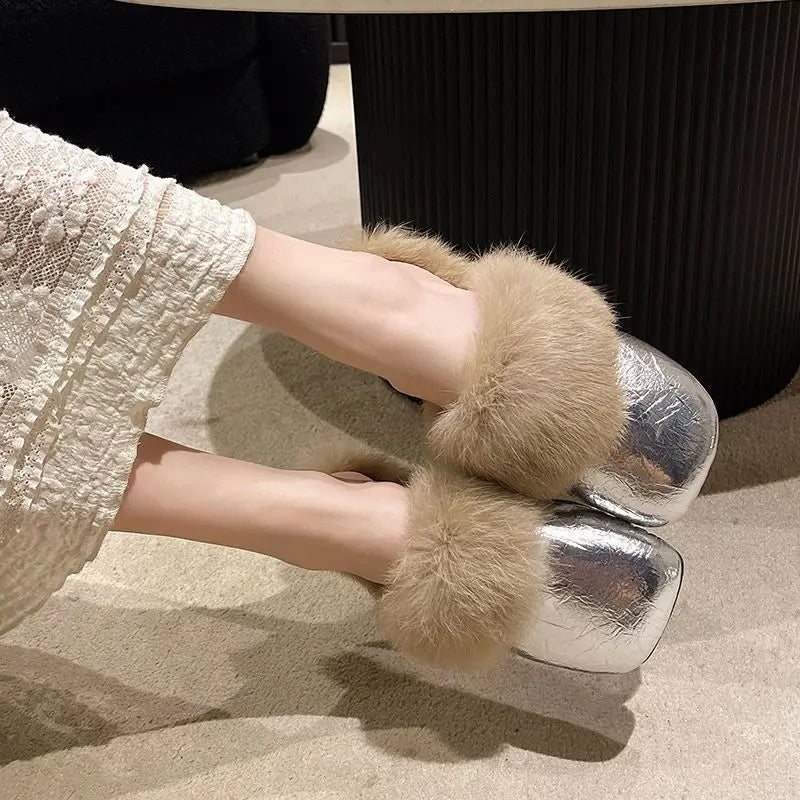 Women's Plush Flat Half Slippers – Warm Non-Slip Winter Shoes