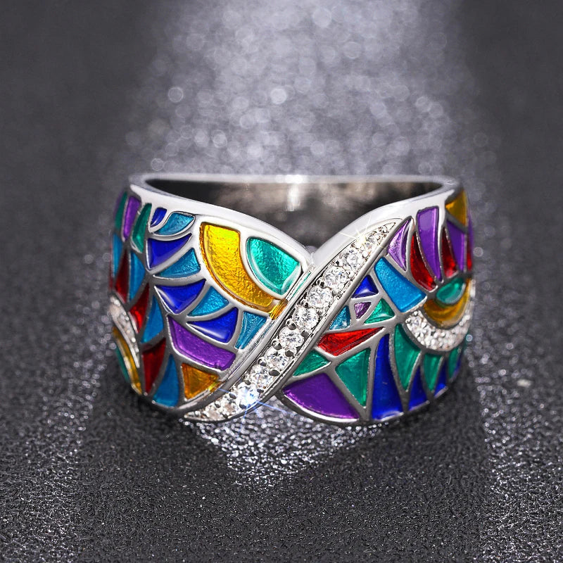 Huitan Colorful Enamel Cubic Zirconia Cocktail Ring for Women