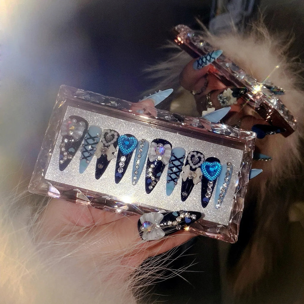 24pcs 3D Bow Press On Nails | Y2K Glitter Rhinestone Almond Set