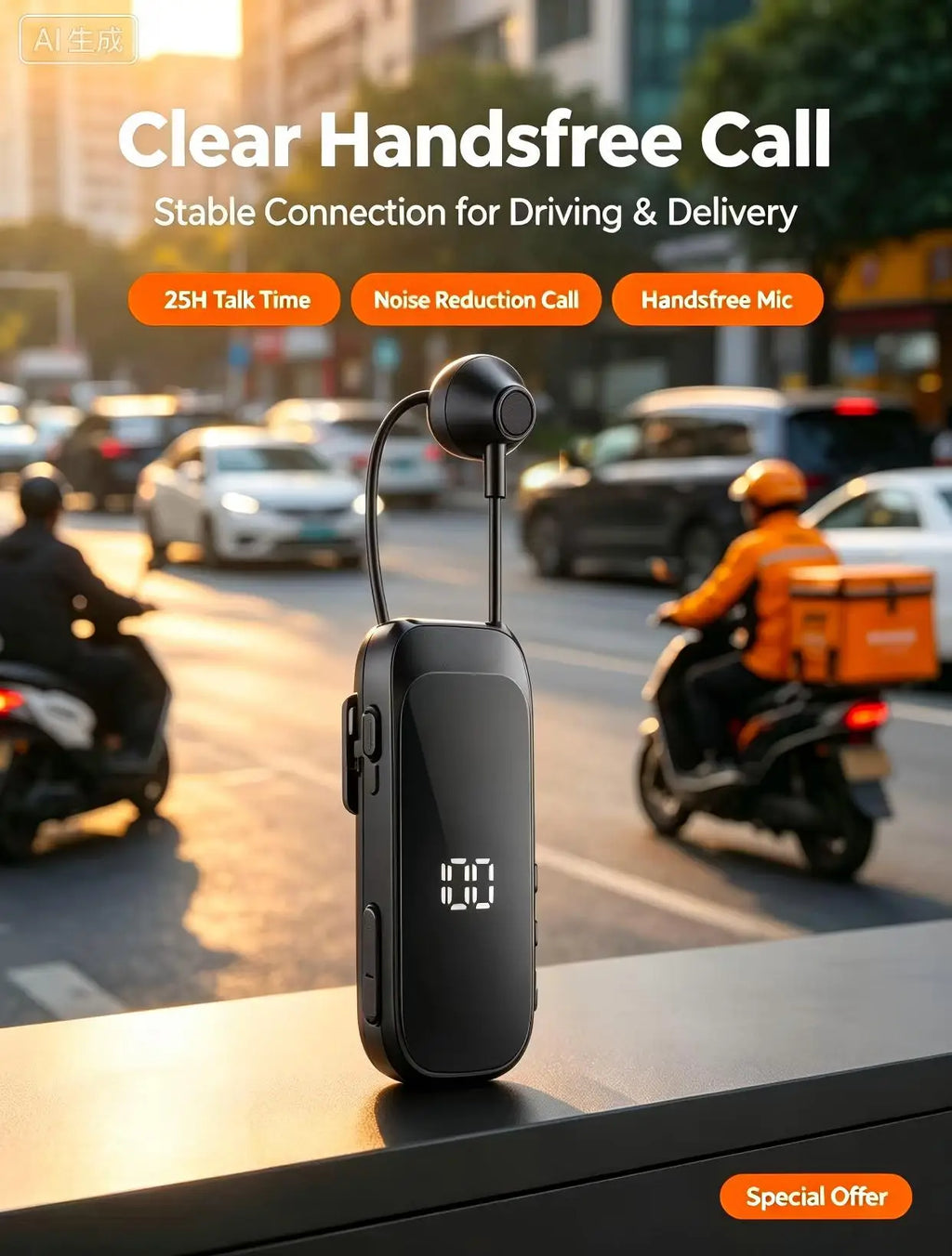 K30 Clip-On Bluetooth Headset | 25H Talk, Digital Display