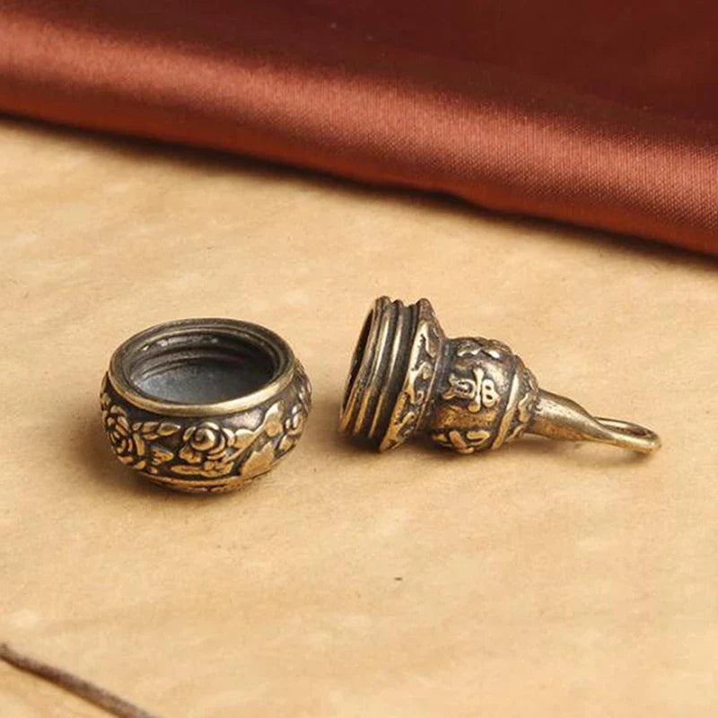 Brass Flower Gourd Lucky Keychain Charm & Pill Box | Copper
