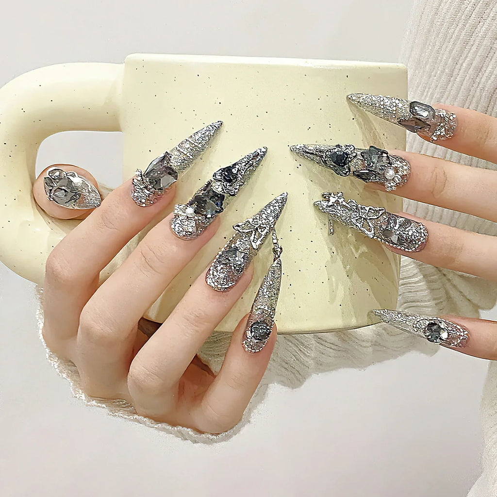 Rhinestone Glitter Press-On Nails – Long Pointed Bridal Set
