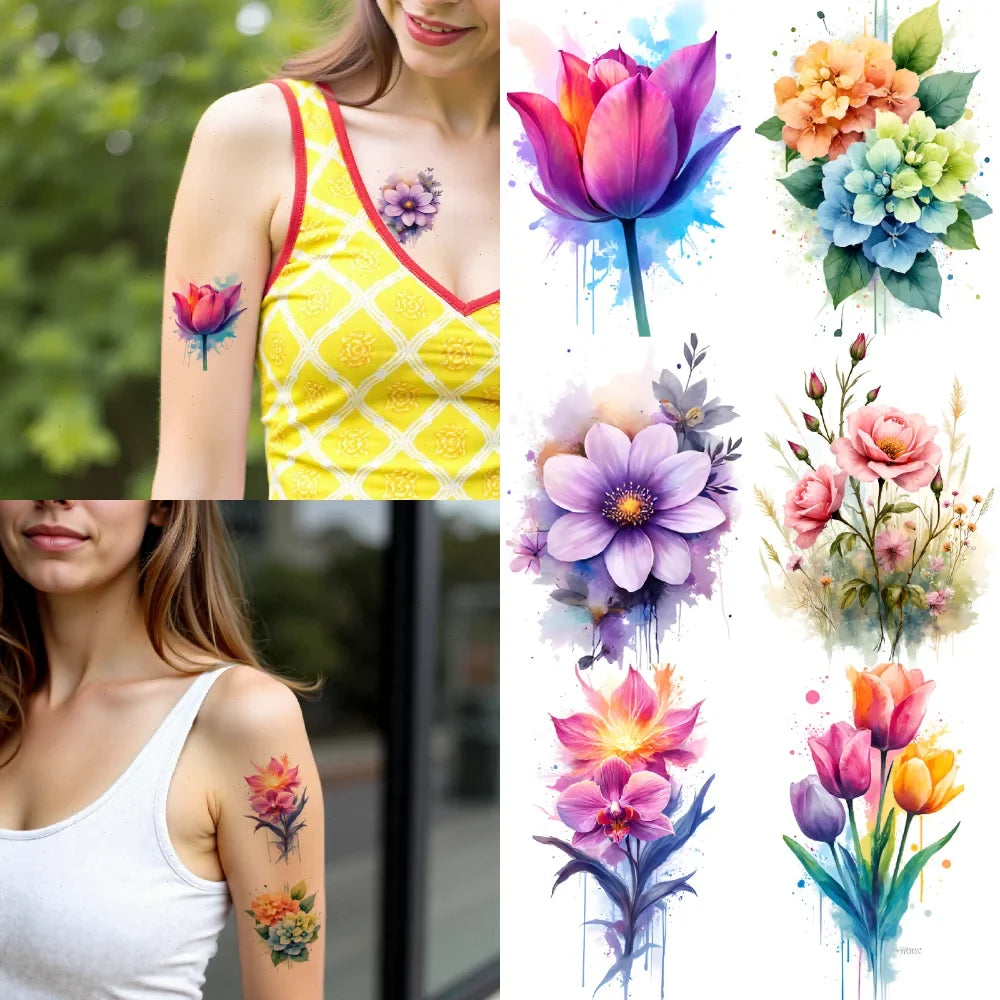 9-Pack Waterproof Temporary Tattoo Stickers – Flowers & Art