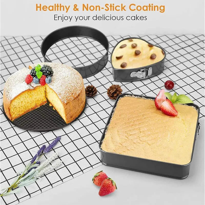 3-Piece Nonstick Springform Cake Pan Set – Round Heart Square