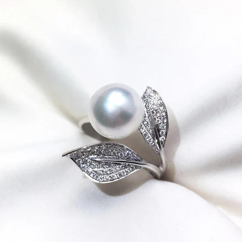 Huitan Pearl Leaf Ring for Women – Silver Fashion Ring