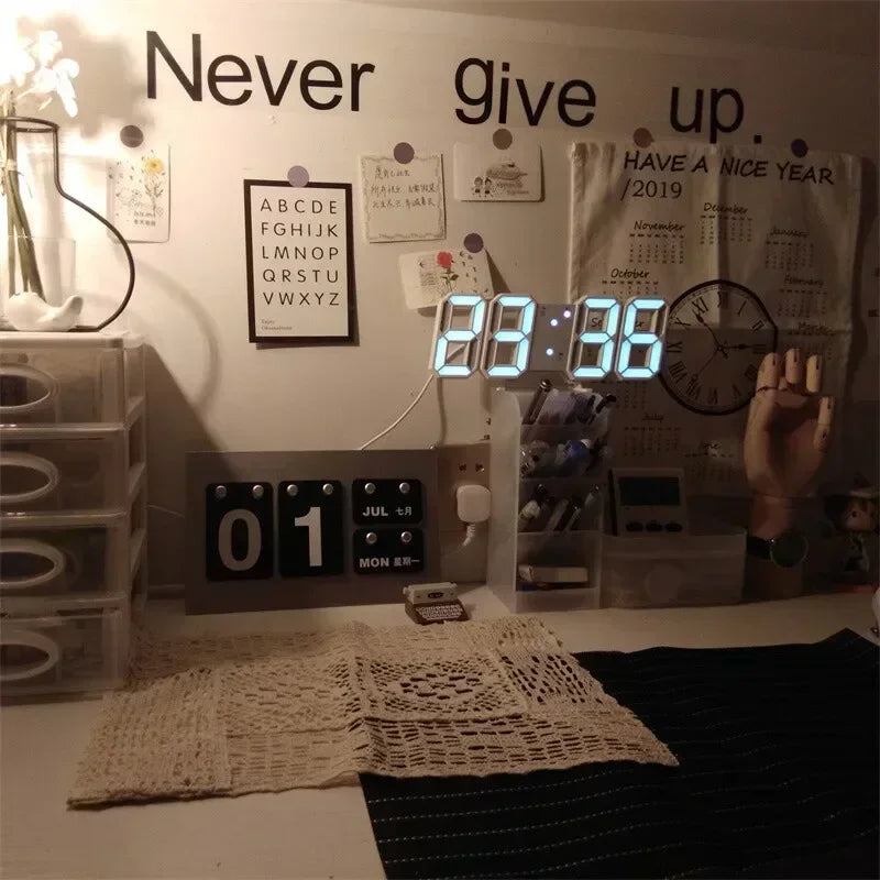 3D LED Digital Wall Clock – Night Mode, Alarm, Bedroom Decor
