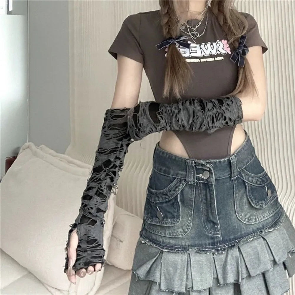 Punk Fingerless Arm Warmers – Hollow Knit Sleeves Unisex