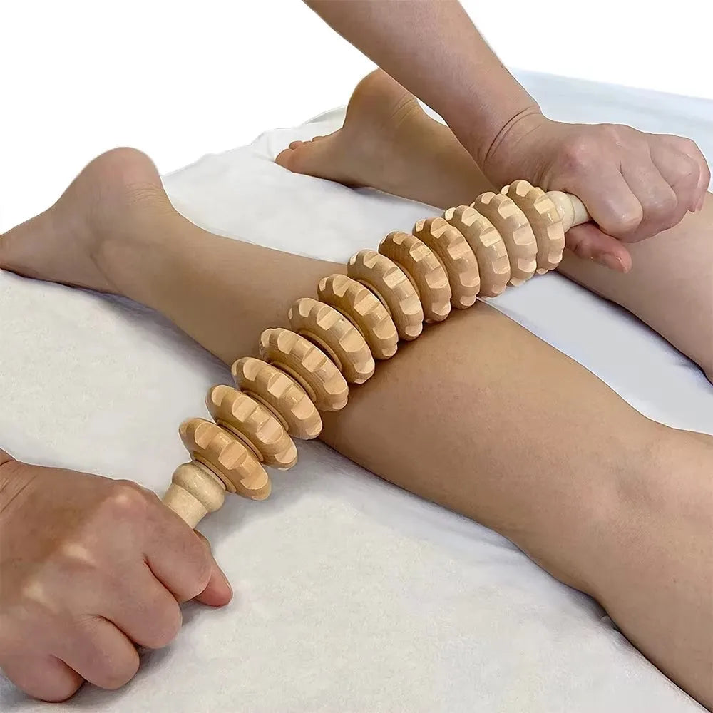 Body Fascia Massager Anti-slip Handle Wood Grooved Gear Arms Legs