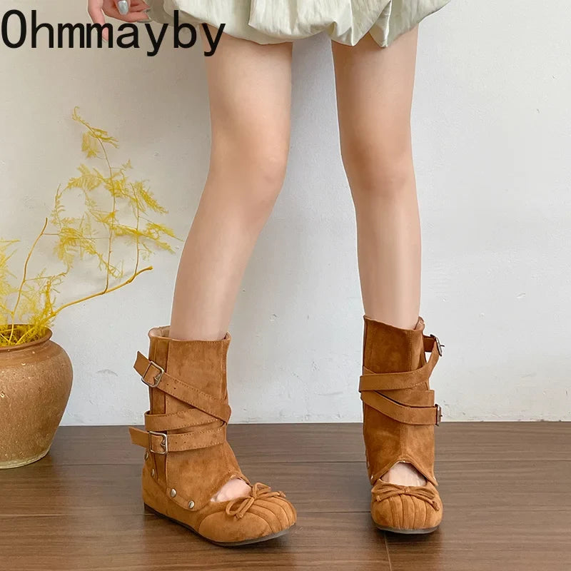 Women's Vintage Hollow-Out Wedge Boots – Multi Buckle Slip-On