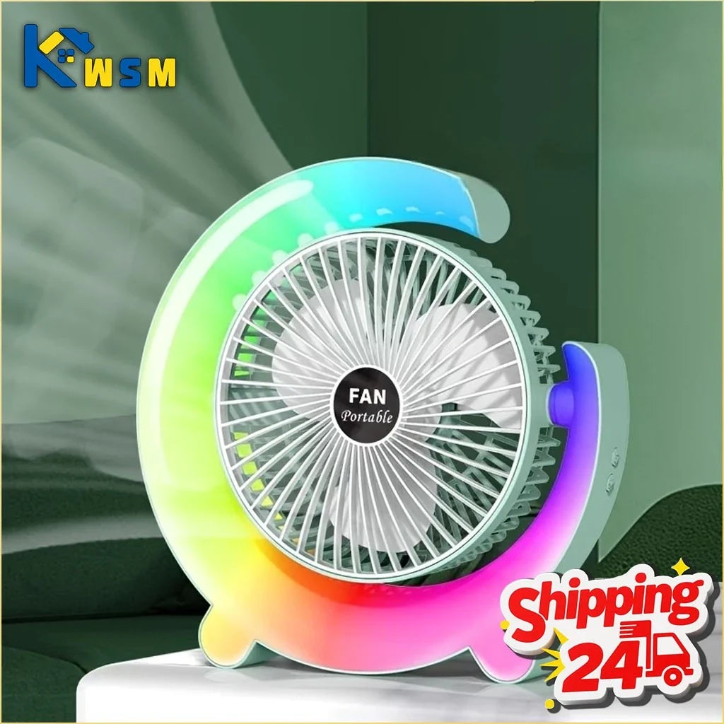 USB Rechargeable Mini Desk Fan with Color-Changing LED Lights