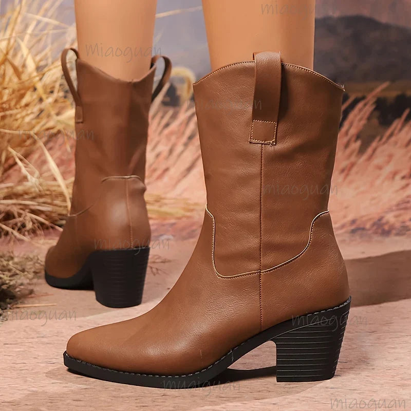 Women's Western Ankle Boots – Pointed Toe Block Heel, Sizes 6–10