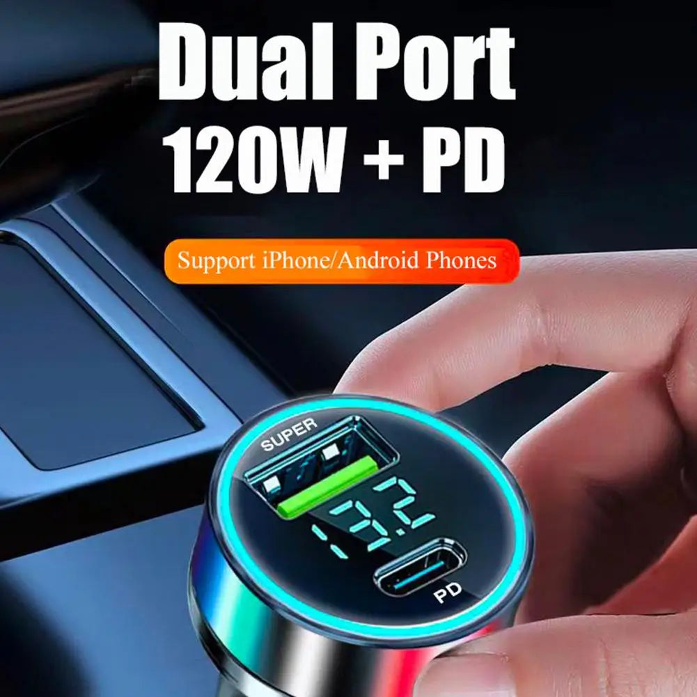 120W PD 20W USB-C Car Charger Fast Charging Dual Port Adapter