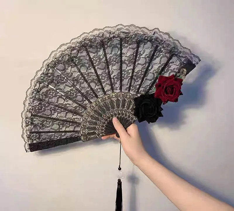Dance Fan Ornament Ladies Lace Hand Black White Cloth Folding Fans