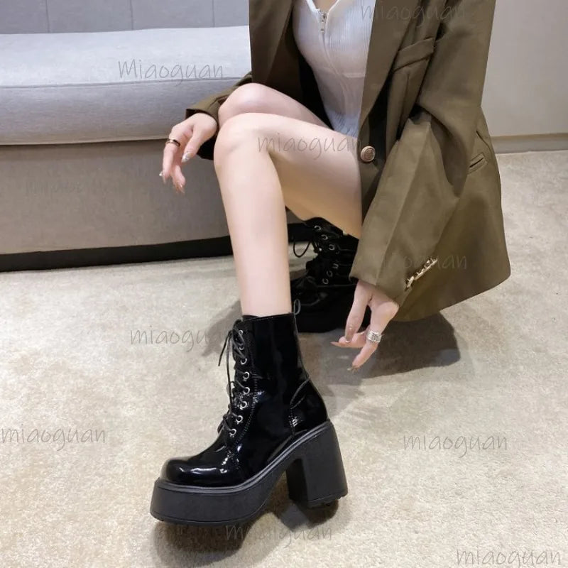 Women's Waterproof Platform Lace-Up Ankle Boots 9cm Heel
