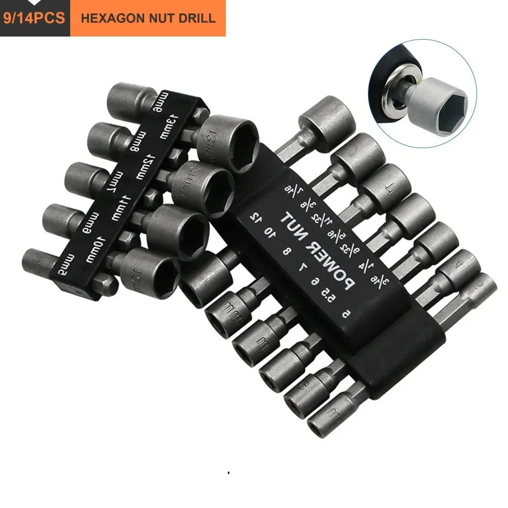 9/14-Pc Hex Nut Driver Socket Bit Set 5–13mm | 1/4" Hex Shank