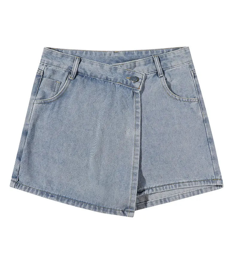 Women's High-Waist Denim Skort – Fake Two-Piece Jean Skirt
