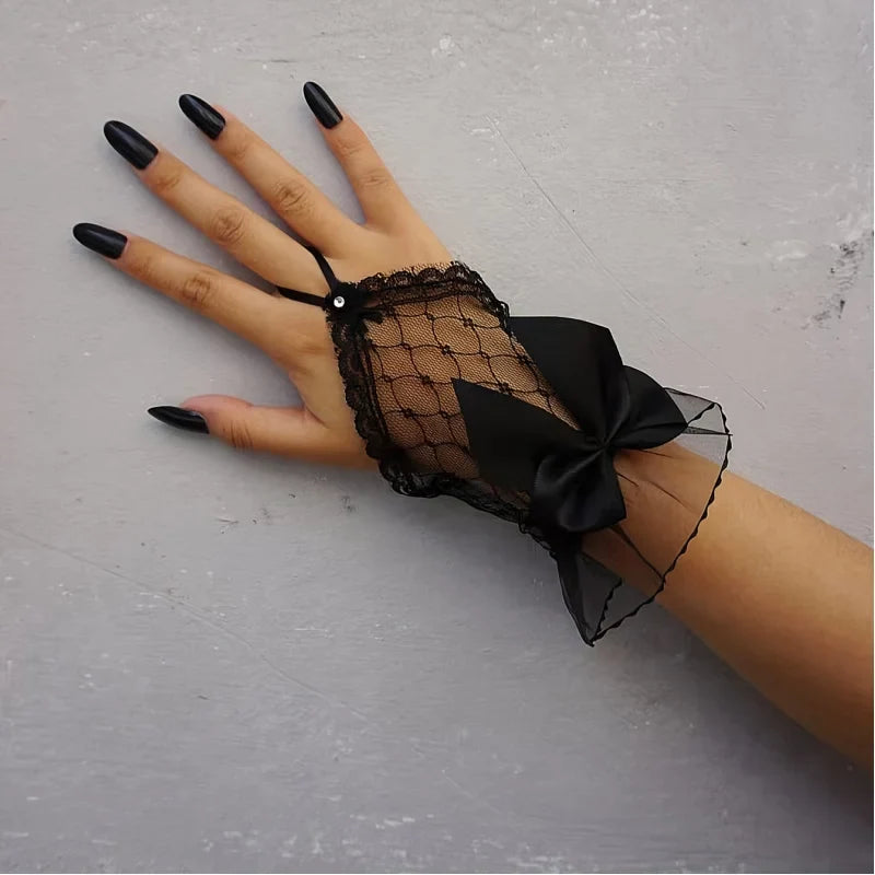 Y2K Punk Fingerless Gloves with Bow & Lace – Women's