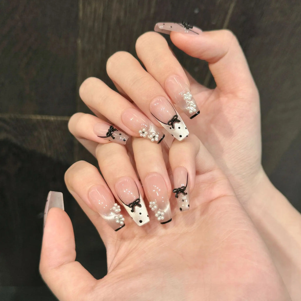 10pcs Press On Nails Black Bow Cat Eye French Fake Nail Tips