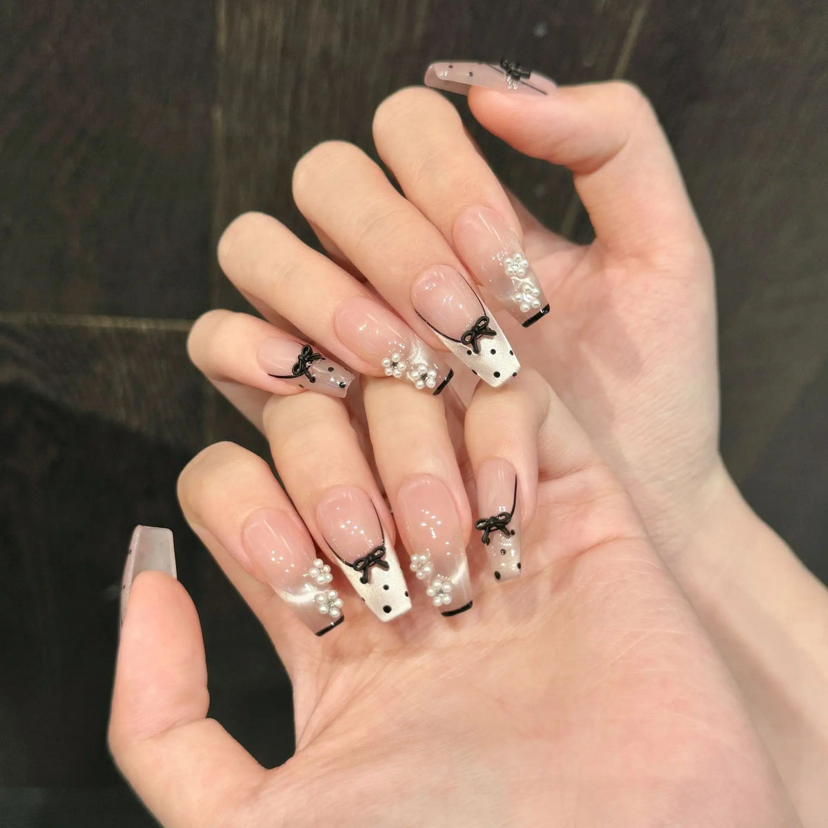 10pcs Press On Nails Black Bow Cat Eye French Fake Nail Tips