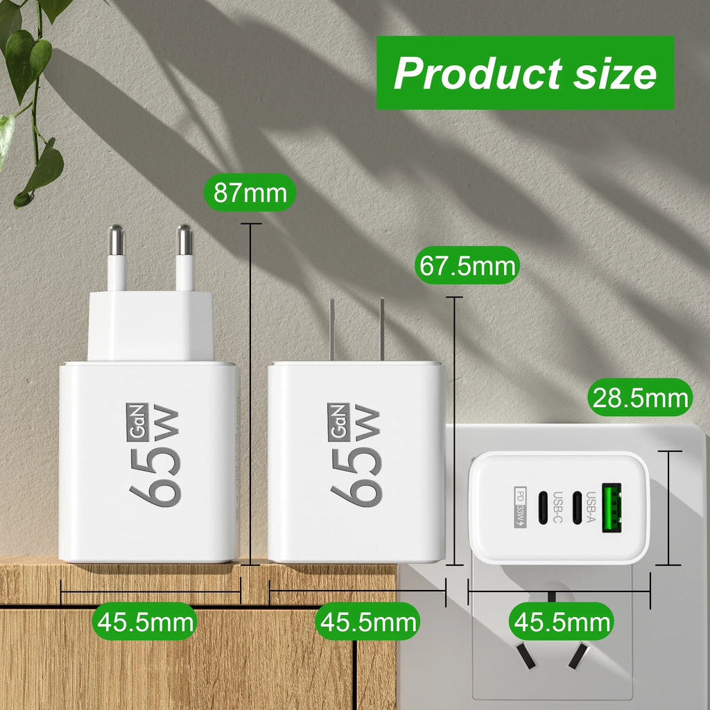 65W GaN USB-C Wall Charger – 3 Port PD 3.0 Fast Charger