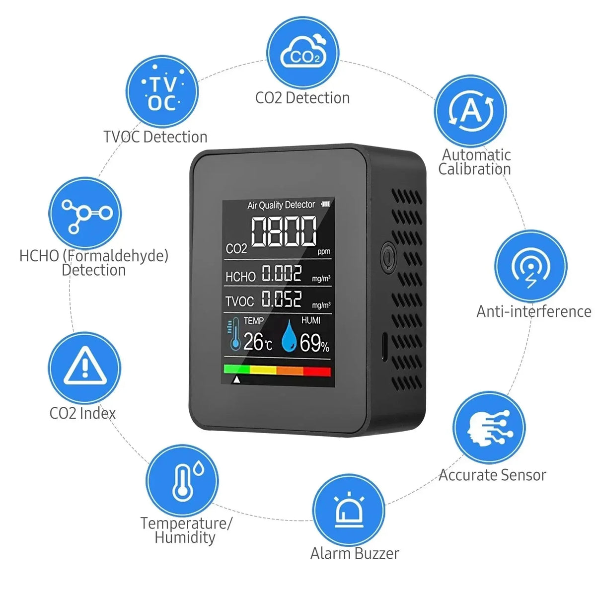 5-in-1 Air Quality Monitor – CO2, TVOC, HCHO, Temp & Humidity
