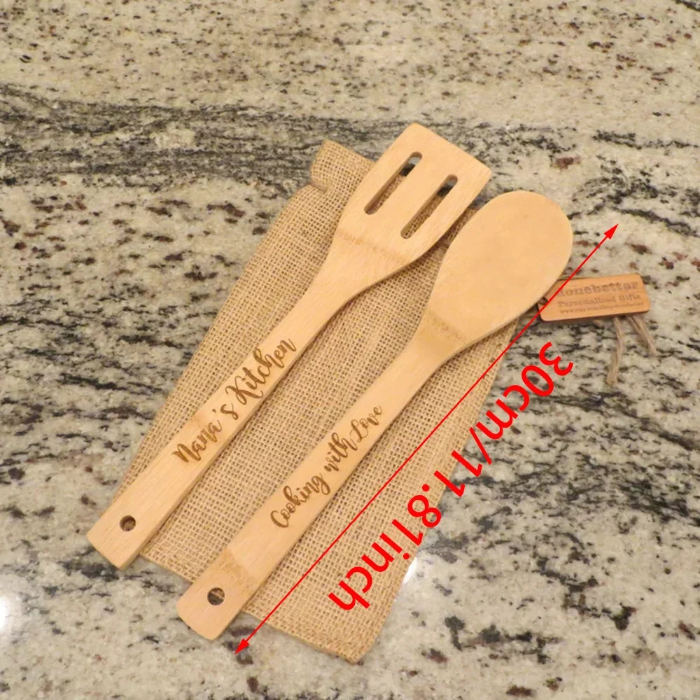 Personalized Bamboo Spoon & Spatula Set | Engraved Kitchen Gift