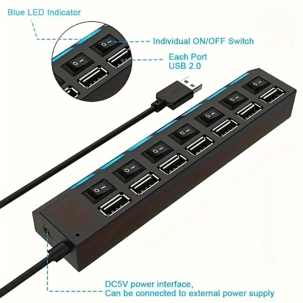 4/7 Port USB 2.0 Hub Splitter with LED Switch | PC & Laptop
