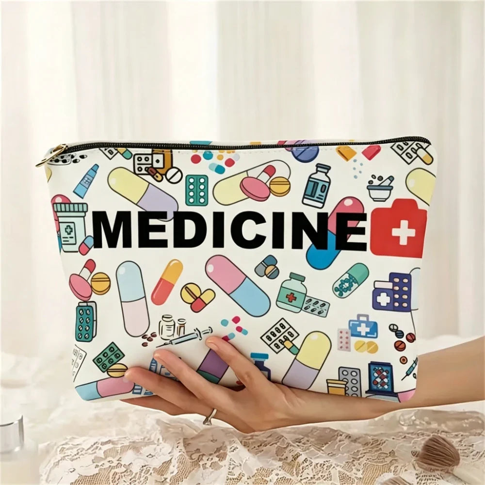 Medicine Themed Cosmetic Travel Bag Foldable Zippered Makeup