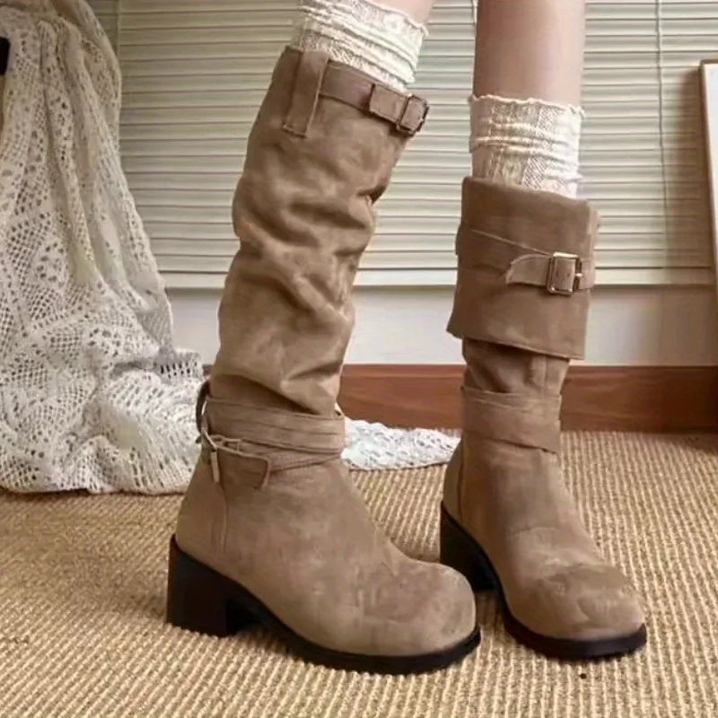 Women's Retro Platform Cowboy Boots – Thick Heel Mid-Calf