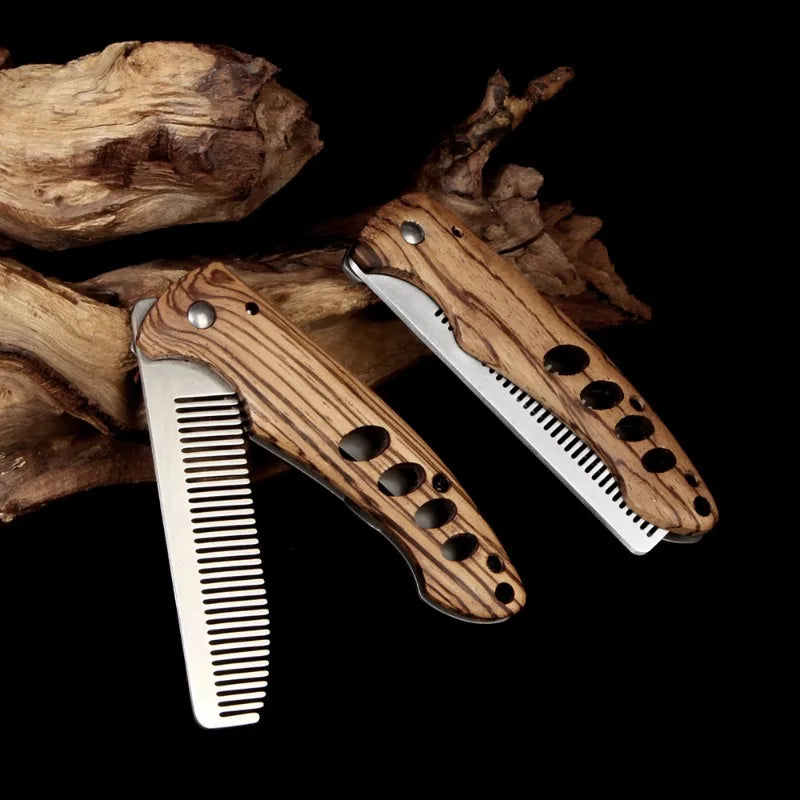 Solid Wood & Metal Folding Beard Comb – Travel Grooming Kit