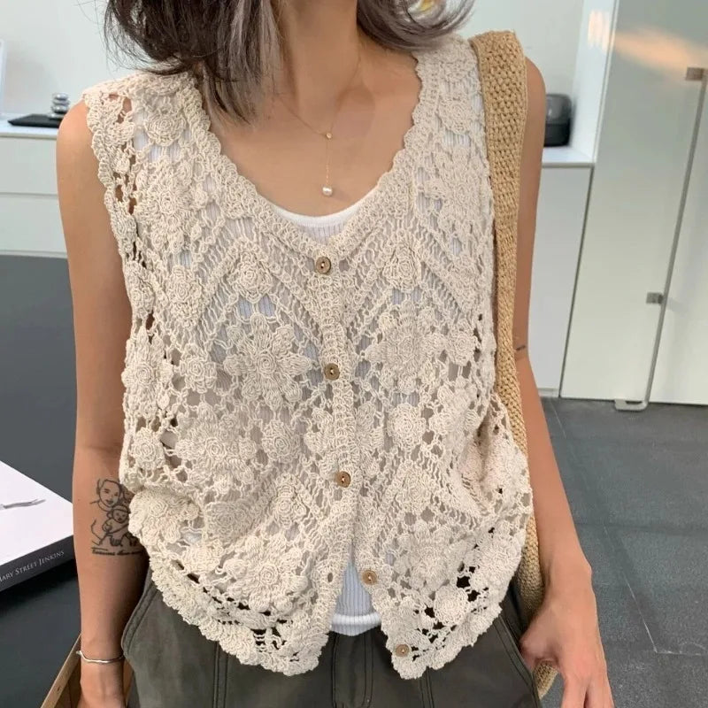 Open Knit Floral Crochet Vest – Boho Sleeveless Cardigan