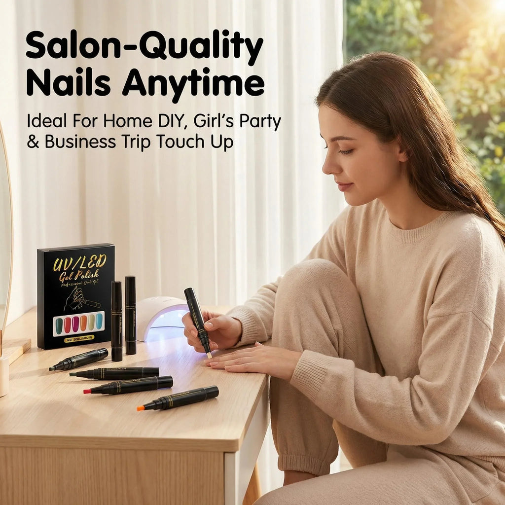 3-in-1 Gel Nail Polish Pen Set – 6 Colors, Base & Top Coat
