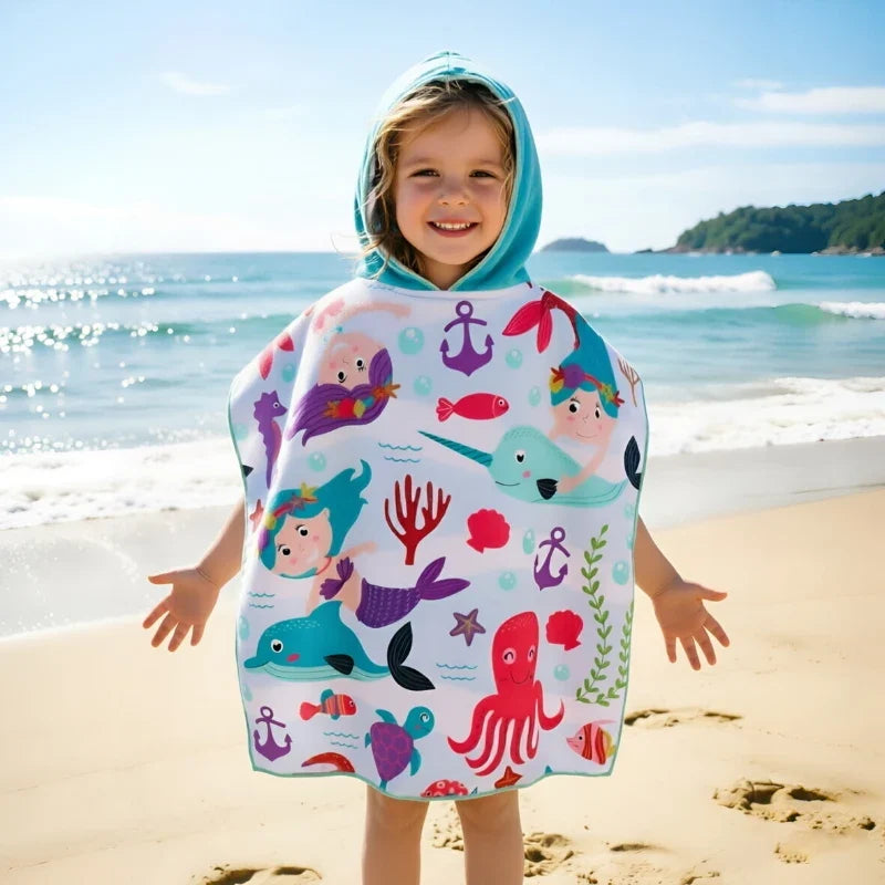 Kids Quick-Dry Beach Towel Robe | Cartoon Poncho Ages 7–13
